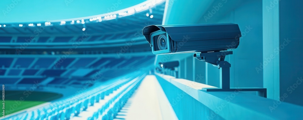 Obraz premium A close-up view of a surveillance camera positioned in a stadium, highlighting security measures for monitoring the area.