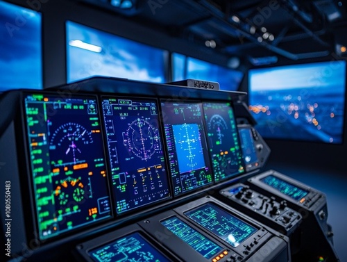 Close-Up View of Navigation Instruments and Tools in a Flight Simulator Cockpit, Displaying Advanced Technology and Realistic Interfaces for Pilot Training photo