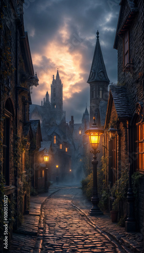 Street of the night city in steampunk style