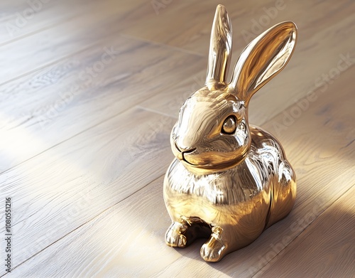 A golden rabbit-shaped statue on the floor, wooden flooring, photorealistic landscapes, high-resolution photography, photo