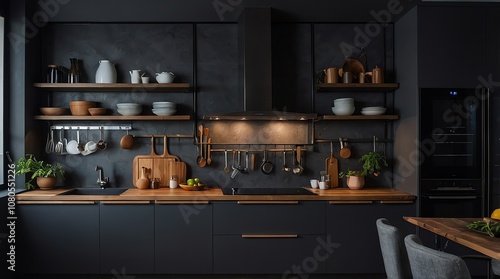 Modern minimalist kitchen with dark cabinetry, wooden accents, and stylish decor in a spacious home setting