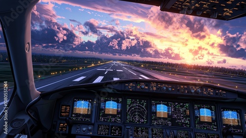 Detailed Cockpit View of a Flight Simulator Showcasing a Vibrant Sunset Overhead with Control Panels and Instrumentation for an Immersive Experience photo