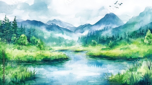 A calming watercolor painting depicting a lush green forest, mountains, and a tranquil river with birds flying above.