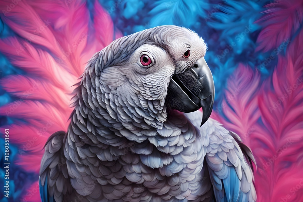Fototapeta premium An african grey parrot on a glowing blue and pink patterned background, AI Generated