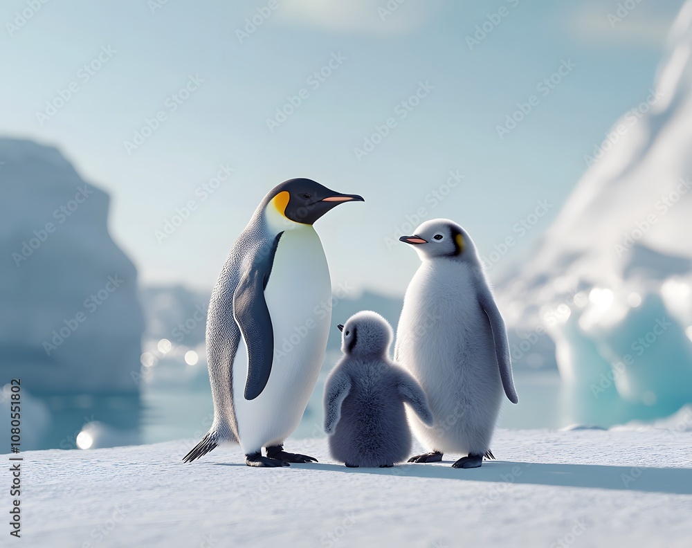 Obraz premium Cute emperor penguins with fluffy gray baby chicks standing together on the white snow in winter, with an ice and ocean background. 