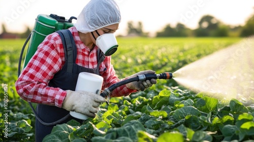 A female farmer wearing protective gear sprays a field of crops.