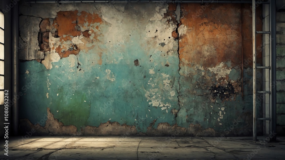 Weathered industrial wall with peeling paint and exposed brick in an abandoned warehouse Weathered industrial wall with peeling paint and exposed brick in an abandoned warehouse