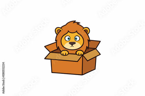 a sad lion abandoned in a cardboard box, white background, t-shirt design