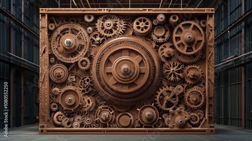 A Massive Intricate Machine Featuring Hundreds of Rotating Cogs and Gears, Displaying the Complex Beauty of Industrial Design in a Workshop Setting