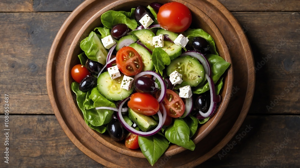 fresh greek salad with cucumbers, tomatoes, olives, and feta cheese served in a wooden bowl on a rustic table fresh greek salad with cucumbers, tomatoes, olives, and feta cheese served in a wooden bowl on a rustic table
