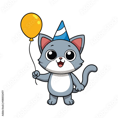 Cartoon Cat Party Cat With Hat And Balloons