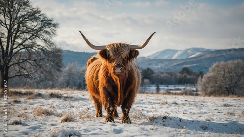 Highland cow stands majestically in a snowy landscape near rolling hills on a beautiful winter afternoon