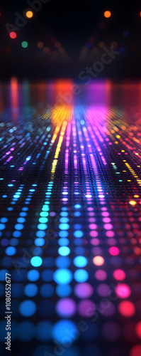 Colorful abstract background of blurred lights in a grid pattern.