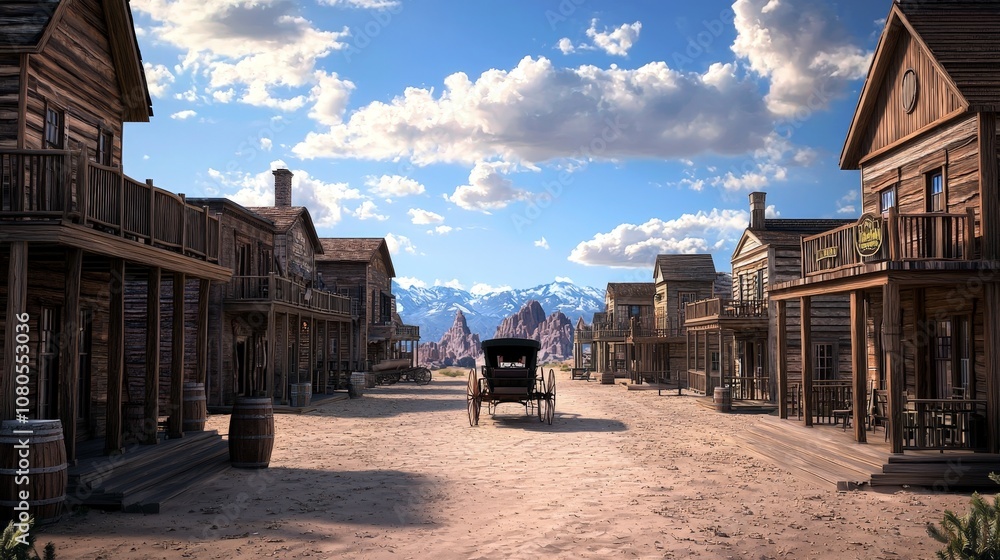 Fototapeta premium Vintage Western Scene Featuring a Horse-Drawn Carriage Waiting Outside a Classic Saloon in a Deserted Town Under Clear Blue Skies
