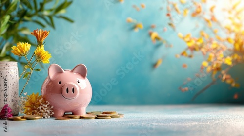Wallpaper Mural A pink piggy bank sits among flowers and coins, symbolizing savings and financial growth against a serene blue background. Torontodigital.ca