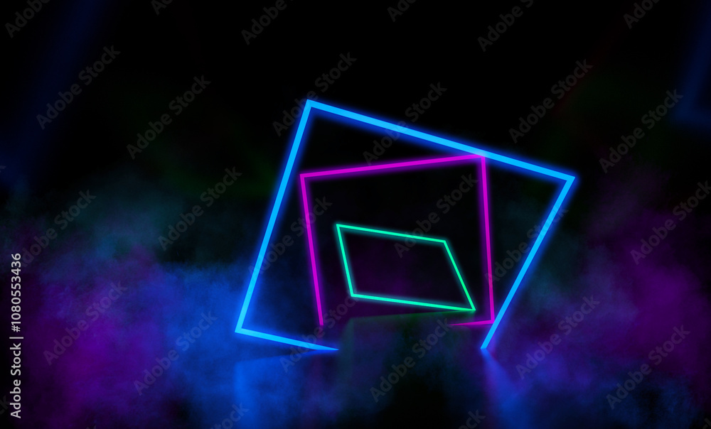 Fototapeta premium Dark background. Neon light figures on a dark background, smoke.