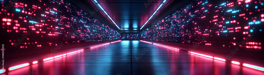 Futuristic neon lights illuminate a dark hallway. Futuristic neon lights illuminate a dark hallway.