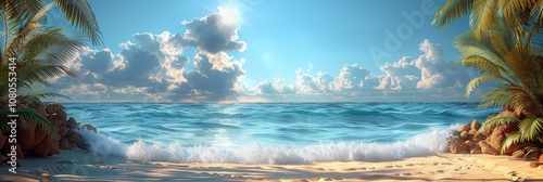 Exotic beach with emerald ocean and palm leaves overhead