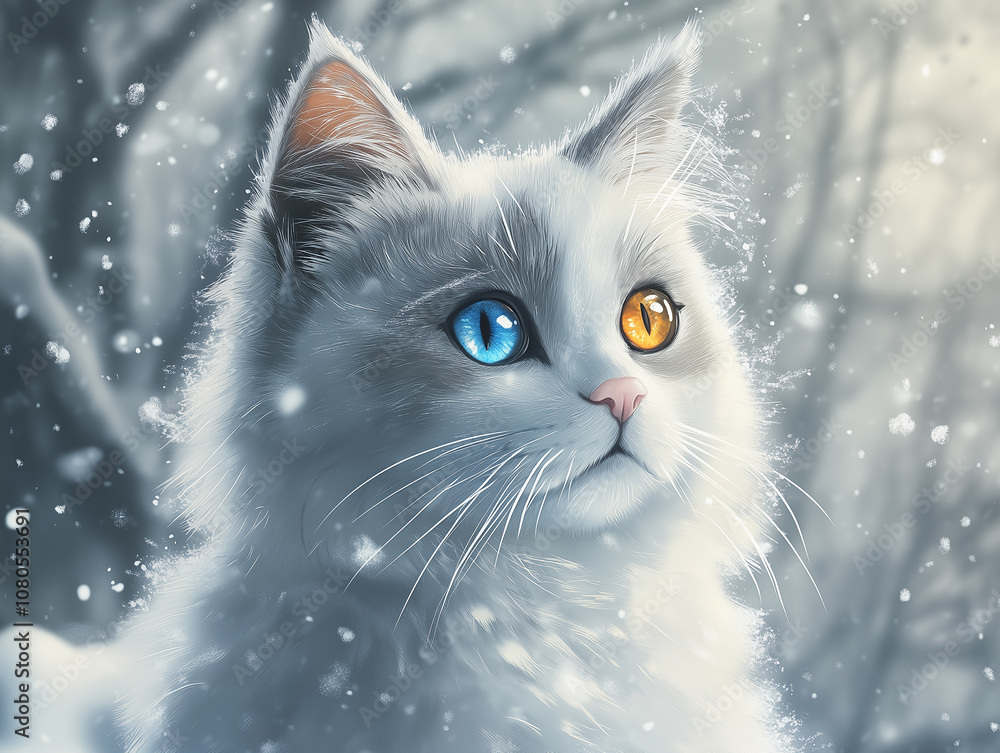 A cute cat with heterochromia (different colored eyes), sitting in a snowy winter scene A cute cat with heterochromia (different colored eyes), sitting in a snowy winter scene