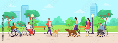 A diverse group of individuals with disabilities walking in a park. Vector illustration
