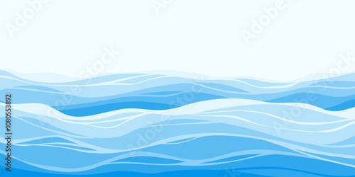 Blue Sea Waves. Water abstract background in cartoon flat stlye.