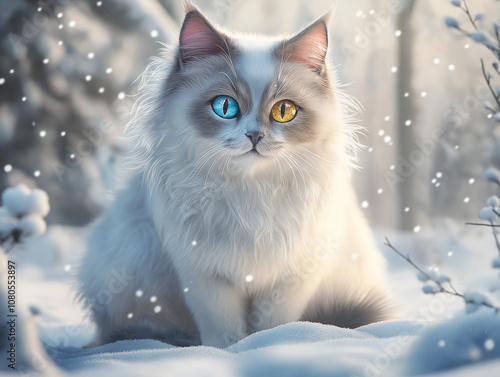 A cute cat with heterochromia (different colored eyes), sitting in a snowy winter scene