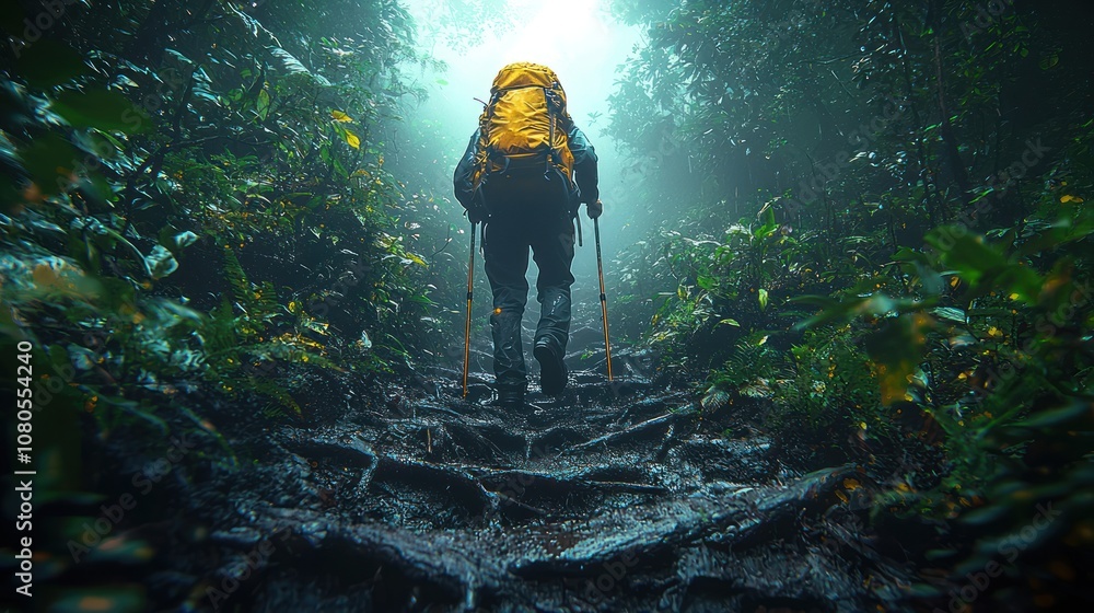 Dense jungle trails of Borneos Mount Kinabalu, thick foliage and roots tangled on the steep path, hiker gripping roots for stability, light breaking through the canopy, realistic details on leaves, mu Dense jungle trails of Borneos Mount Kinabalu, thick foliage and roots tangled on the steep path, hiker gripping roots for stability, light breaking through the canopy, realistic details on leaves, mu