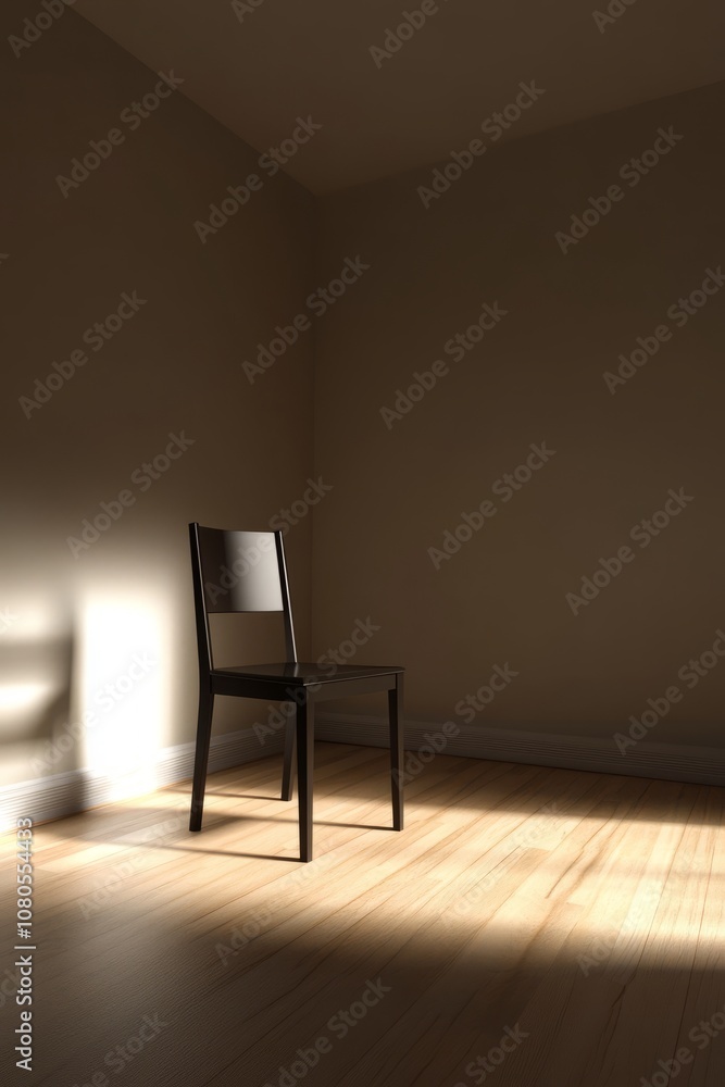 A chair is sitting in a room with a light shining on it. The room is empty and the chair is the only object in the room A chair is sitting in a room with a light shining on it. The room is empty and the chair is the only object in the room