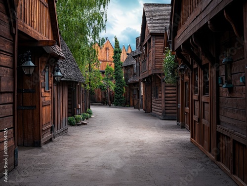 Narrow Dusty Streets of an Old West Town Surrounded by Rustic Wooden Buildings and Lush Greenery under a Dramatic Sky