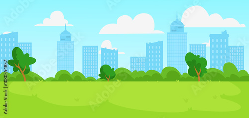A vibrant urban park scene featuring green trees and tall buildings. Vector illustration