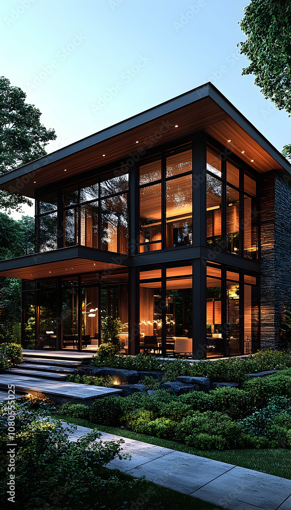 Modern house with large windows, lit up at dusk. Modern house with large windows, lit up at dusk.