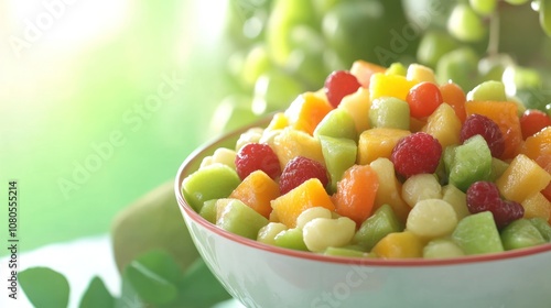 A vibrant bowl of mixed fruit salad featuring various colorful fruits.