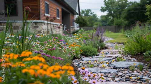 Eco-Friendly Rain Garden Fostering Biodiversity and Pollinators Generative AI photo