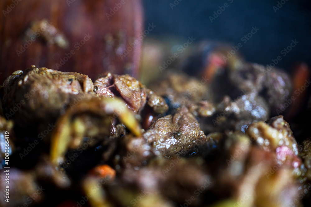 cook beef and veal slices with onions and carrots. Festive dinner cook beef and veal slices with onions and carrots. Festive dinner