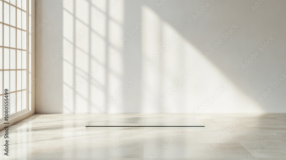 A bright and airy interior space with large windows casting soft shadows on floor, creating serene atmosphere perfect for relaxation or creativity A bright and airy interior space with large windows casting soft shadows on floor, creating serene atmosphere perfect for relaxation or creativity