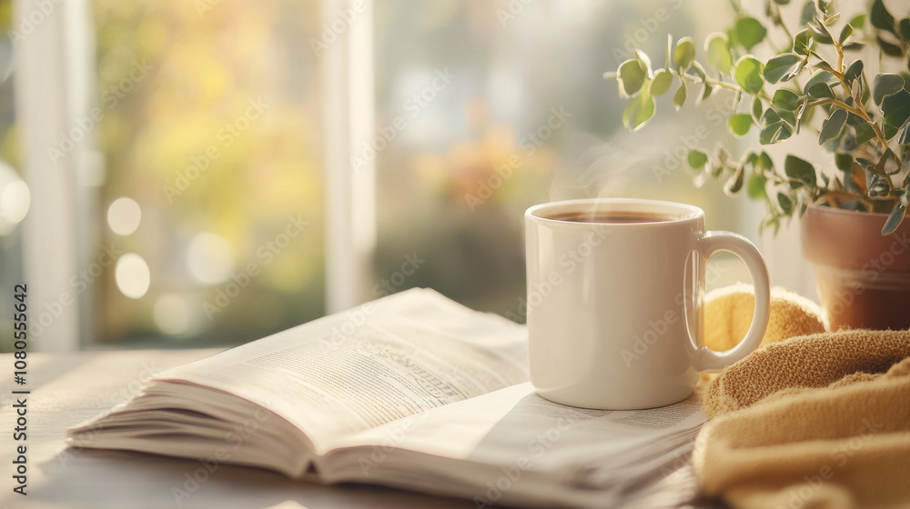 A cozy scene featuring steaming cup of coffee beside an open book, illuminated by warm sunlight. soft textures and greenery create peaceful atmosphere perfect for relaxation A cozy scene featuring steaming cup of coffee beside an open book, illuminated by warm sunlight. soft textures and greenery create peaceful atmosphere perfect for relaxation