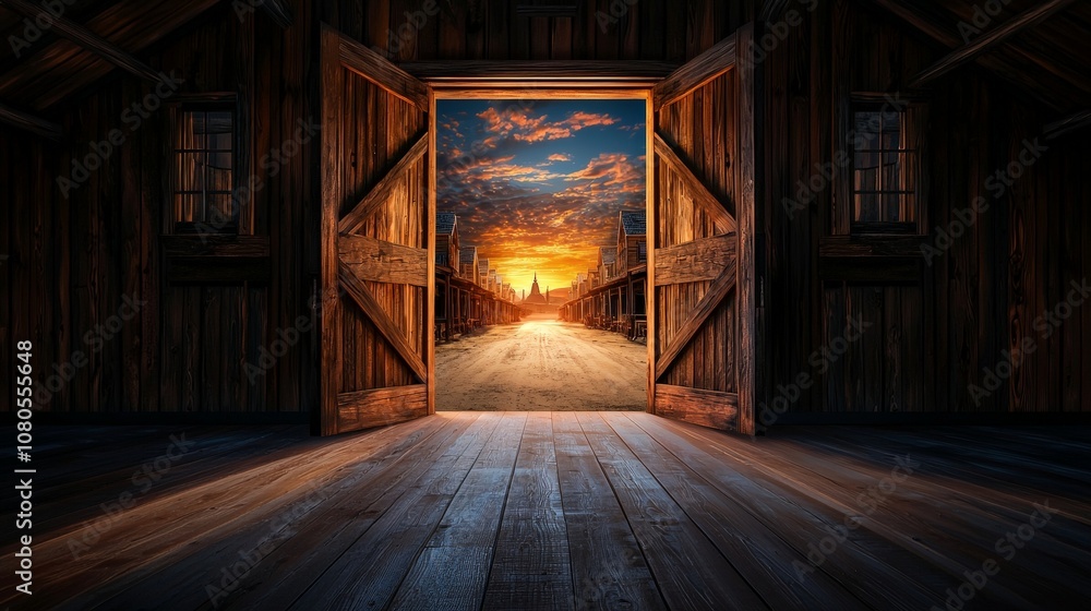Beautiful Western Saloon Doors Swinging Open to Reveal a Vibrant Sunset Over a Quiet Town Street Inviting Adventure and Nostalgia Beautiful Western Saloon Doors Swinging Open to Reveal a Vibrant Sunset Over a Quiet Town Street Inviting Adventure and Nostalgia