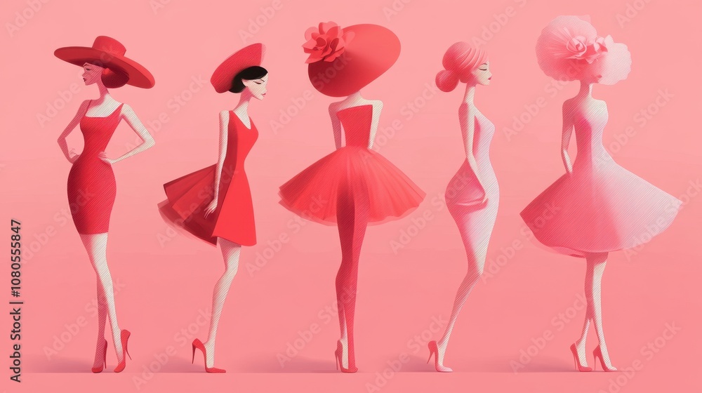 set of coquette woman in pink and red color set of coquette woman in pink and red color