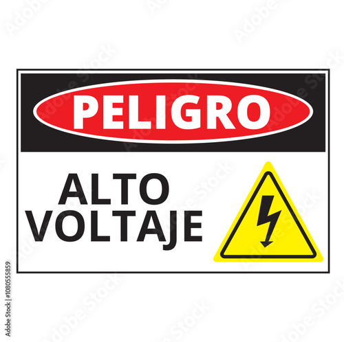 Peligro alto voltaje sign on a white background (trad. Danger high voltage)