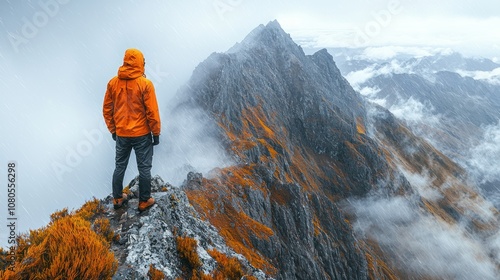 Exposed, narrow ledge on Mount Ossa, Tasmania, hiker with rain jacket and wind whipping around, rocky terrain with sheer drops, intense sky above, capturing the thrill and wild nature of Tasmanias 