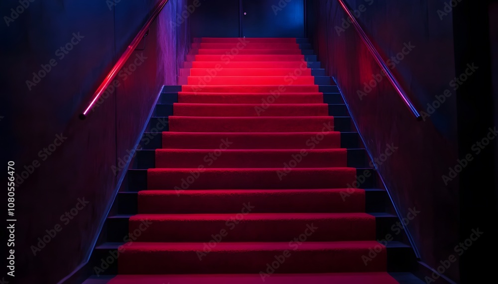 Red carpet on stairs in a dark room, a night club or bar entrance concept. Stock photo with space for text or copy space banner. Red carpet on stairs in a dark room, a night club or bar entrance concept. Stock photo with space for text or copy space banner.