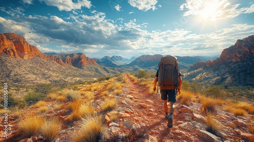 Dramatic desert landscape of the Larapinta Trail in Australia, hiker with large backpack, red rocky landscape stretching endlessly, sparse vegetation under bright sun, ultra-realistic red rock texture