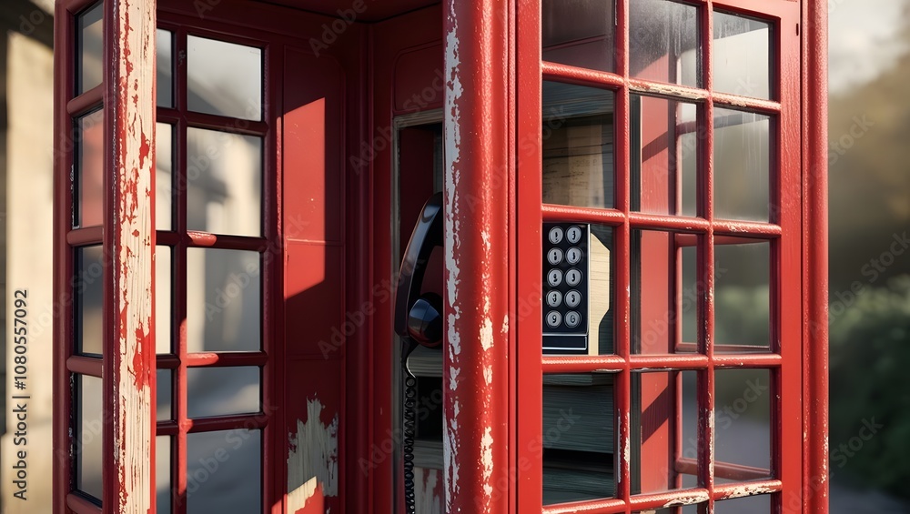 Obraz premium Historic action phone call iconic red phone booth urban setting close-up view communication concepts