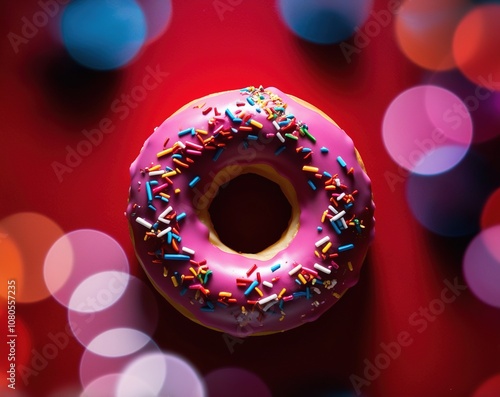 A vibrant doughnut with colorful sprinkles on a striking red background, creating a lively and eye-catching visual display