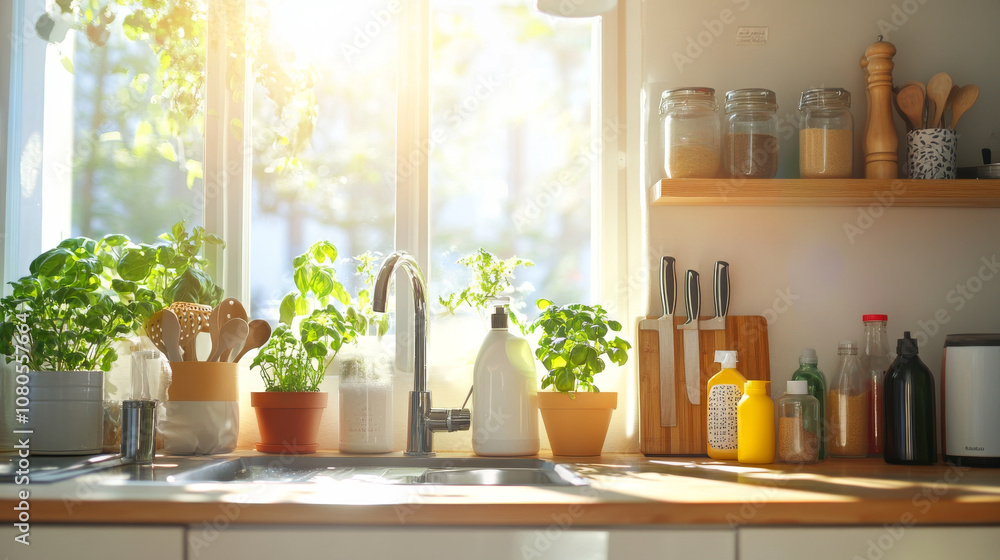 A bright and inviting kitchen scene featuring sink, potted herbs, and various kitchen utensils. sunlight streaming through window creates warm and cheerful atmosphere, perfect for cooking and enjoying A bright and inviting kitchen scene featuring sink, potted herbs, and various kitchen utensils. sunlight streaming through window creates warm and cheerful atmosphere, perfect for cooking and enjoying