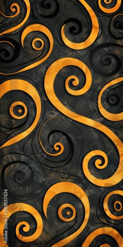 A black and gold patterned piece of art with a lot of swirls. The pattern is very intricate and detailed photo