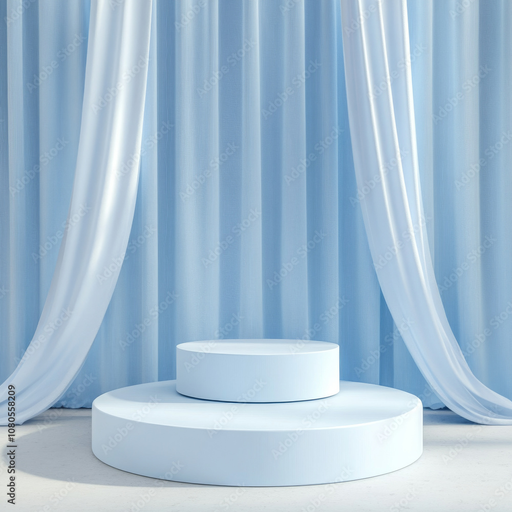 A serene blue backdrop features circular podium, creating calm and inviting atmosphere perfect for presentations or displays. soft drapes enhance tranquil setting A serene blue backdrop features circular podium, creating calm and inviting atmosphere perfect for presentations or displays. soft drapes enhance tranquil setting
