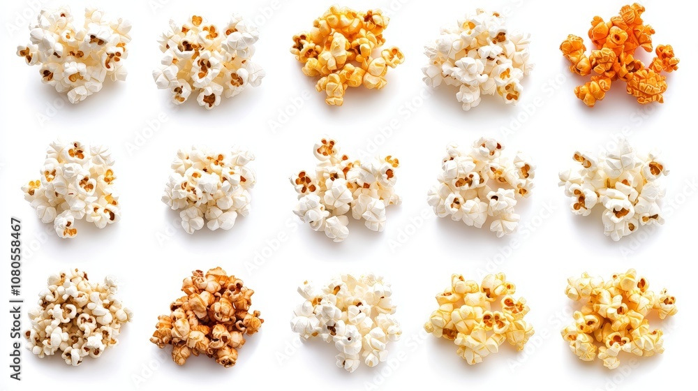 Variety of Popcorn Clusters on White Background Showcasing Different Colors and Textures Ideal for Food Photography and Snack Concepts Variety of Popcorn Clusters on White Background Showcasing Different Colors and Textures Ideal for Food Photography and Snack Concepts