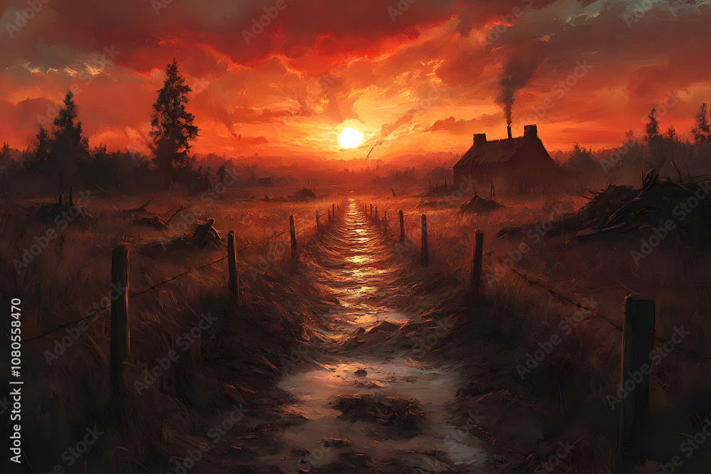 Obraz premium Illustration of Sunset Field Path, Farmhouse, and Red Sky