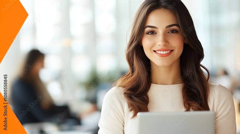 Young Woman Smiling While Using Laptop in a Bright and Modern Workspace with a Relaxed Atmosphere Young Woman Smiling While Using Laptop in a Bright and Modern Workspace with a Relaxed Atmosphere